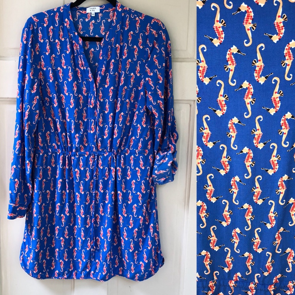 Crown & Ivy drawstring dress with coral seahorses!
